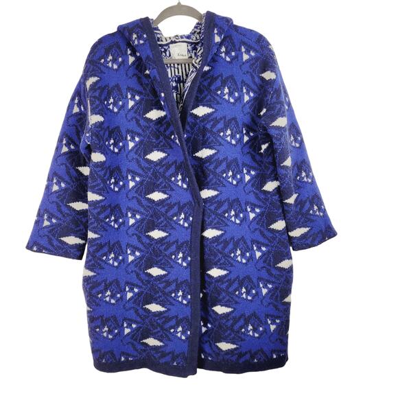 Koko wool hooded sweater coat blue geometric womens Size XL Western Boho Artsy - Picture 1 of 8